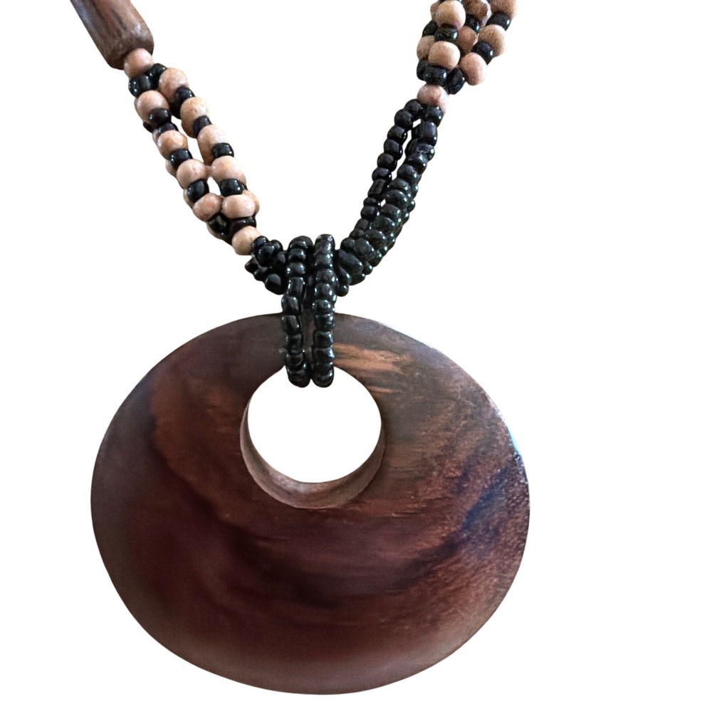Boho Wood Statement Necklace Black Seed Bead Multi Strand Large Circular Pendant